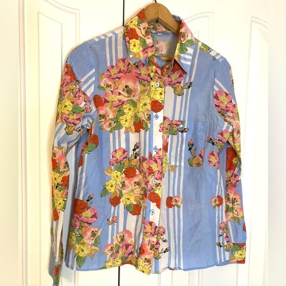 Tucker Silk Cotton Blend Button Down Collared Artsy Cottage Floral Blouse Small - Picture 2 of 10